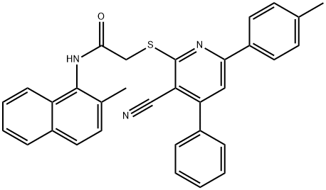 2-{[3-cyano-6-(4-methylphenyl)-4-phenyl-2-pyridinyl]sulfanyl}-N-(2-methyl-1-naphthyl)acetamide Struktur
