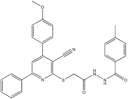 2-{[3-cyano-4-(4-methoxyphenyl)-6-phenyl-2-pyridinyl]sulfanyl}-N'-(4-methylbenzoyl)acetohydrazide Structure