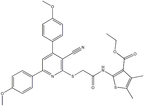 ethyl 2-[({[3-cyano-4,6-bis(4-methoxyphenyl)-2-pyridinyl]sulfanyl}acetyl)amino]-4,5-dimethyl-3-thiophenecarboxylate 化学構造式