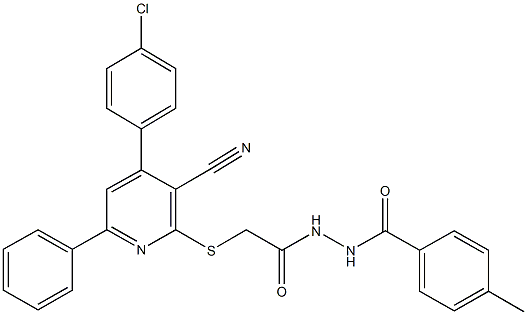 2-{[4-(4-chlorophenyl)-3-cyano-6-phenyl-2-pyridinyl]sulfanyl}-N'-(4-methylbenzoyl)acetohydrazide,332158-21-1,结构式