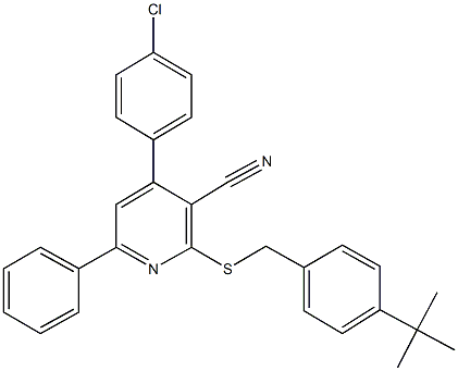 2-[(4-tert-butylbenzyl)sulfanyl]-4-(4-chlorophenyl)-6-phenylnicotinonitrile 化学構造式