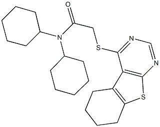 N,N-dicyclohexyl-2-(5,6,7,8-tetrahydro[1]benzothieno[2,3-d]pyrimidin-4-ylsulfanyl)acetamide Struktur