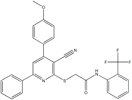 2-{[3-cyano-4-(4-methoxyphenyl)-6-phenyl-2-pyridinyl]sulfanyl}-N-[2-(trifluoromethyl)phenyl]acetamide Struktur