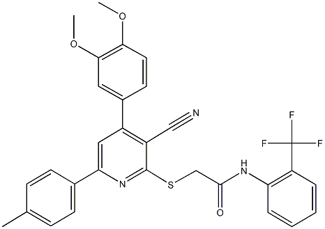 2-{[3-cyano-4-(3,4-dimethoxyphenyl)-6-(4-methylphenyl)-2-pyridinyl]sulfanyl}-N-[2-(trifluoromethyl)phenyl]acetamide Structure