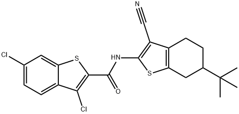 N-(6-tert-butyl-3-cyano-4,5,6,7-tetrahydro-1-benzothien-2-yl)-3,6-dichloro-1-benzothiophene-2-carboxamide 化学構造式