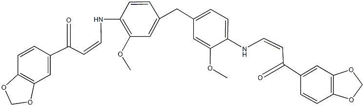 1-(1,3-benzodioxol-5-yl)-3-[4-(4-{[3-(1,3-benzodioxol-5-yl)-3-oxo-1-propenyl]amino}-3-methoxybenzyl)-2-methoxyanilino]-2-propen-1-one 化学構造式