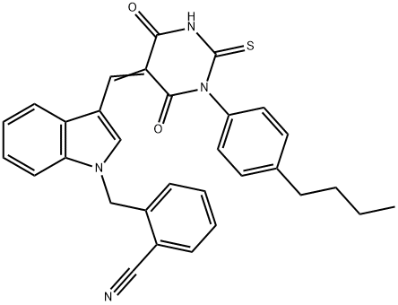 2-({3-[(1-(4-butylphenyl)-4,6-dioxo-2-thioxotetrahydro-5(2H)-pyrimidinylidene)methyl]-1H-indol-1-yl}methyl)benzonitrile Structure