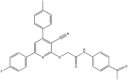 N-(4-acetylphenyl)-2-{[3-cyano-6-(4-fluorophenyl)-4-(4-methylphenyl)-2-pyridinyl]sulfanyl}acetamide,332358-51-7,结构式