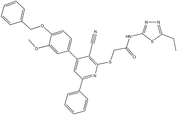 2-({4-[4-(benzyloxy)-3-methoxyphenyl]-3-cyano-6-phenyl-2-pyridinyl}sulfanyl)-N-(5-ethyl-1,3,4-thiadiazol-2-yl)acetamide 化学構造式