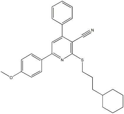 2-[(3-cyclohexylpropyl)sulfanyl]-6-(4-methoxyphenyl)-4-phenylnicotinonitrile Struktur