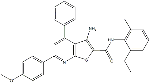 3-amino-N-(2-ethyl-6-methylphenyl)-6-(4-methoxyphenyl)-4-phenylthieno[2,3-b]pyridine-2-carboxamide,332376-45-1,结构式