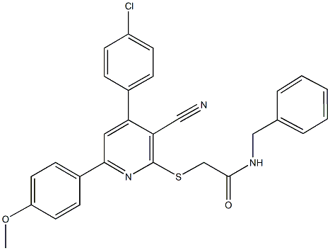 N-benzyl-2-{[4-(4-chlorophenyl)-3-cyano-6-(4-methoxyphenyl)-2-pyridinyl]sulfanyl}acetamide 结构式