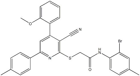 N-(2-bromo-4-methylphenyl)-2-{[3-cyano-4-(2-methoxyphenyl)-6-(4-methylphenyl)-2-pyridinyl]sulfanyl}acetamide 化学構造式