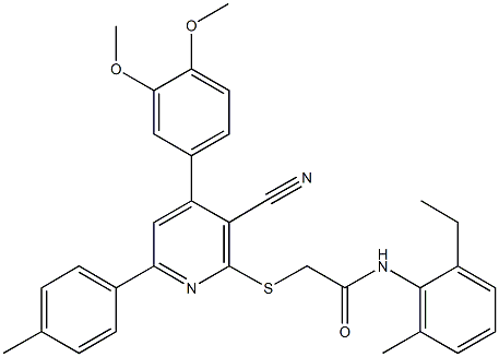 2-{[3-cyano-4-(3,4-dimethoxyphenyl)-6-(4-methylphenyl)-2-pyridinyl]sulfanyl}-N-(2-ethyl-6-methylphenyl)acetamide Structure