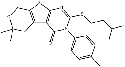 2-(isopentylsulfanyl)-6,6-dimethyl-3-(4-methylphenyl)-3,5,6,8-tetrahydro-4H-pyrano[4',3':4,5]thieno[2,3-d]pyrimidin-4-one 化学構造式