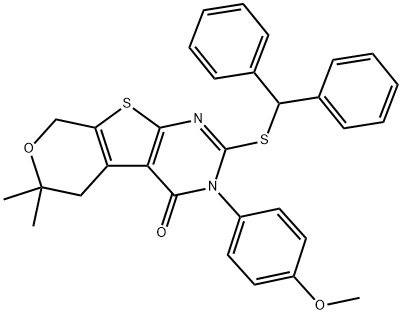 332393-02-9 2-(benzhydrylsulfanyl)-3-(4-methoxyphenyl)-6,6-dimethyl-3,5,6,8-tetrahydro-4H-pyrano[4',3':4,5]thieno[2,3-d]pyrimidin-4-one