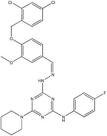 4-{[(2,4-dichlorophenyl)methyl]oxy}-3-(methyloxy)benzaldehyde {4-[(4-fluorophenyl)amino]-6-piperidin-1-yl-1,3,5-triazin-2-yl}hydrazone Struktur