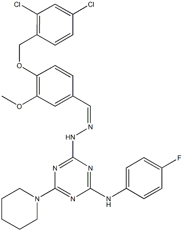 4-{[(2,4-dichlorophenyl)methyl]oxy}-3-(methyloxy)benzaldehyde {4-[(4-fluorophenyl)amino]-6-piperidin-1-yl-1,3,5-triazin-2-yl}hydrazone 化学構造式