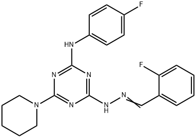 2-fluorobenzaldehyde [4-(4-fluoroanilino)-6-piperidin-1-yl-1,3,5-triazin-2-yl]hydrazone 化学構造式