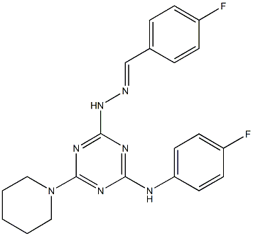 4-fluorobenzaldehyde {4-[(4-fluorophenyl)amino]-6-piperidin-1-yl-1,3,5-triazin-2-yl}hydrazone Structure
