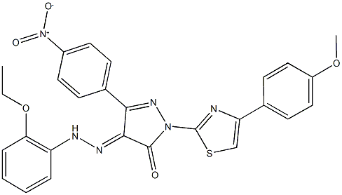 3-{4-nitrophenyl}-1-[4-(4-methoxyphenyl)-1,3-thiazol-2-yl]-1H-pyrazole-4,5-dione 4-[(2-ethoxyphenyl)hydrazone] Structure