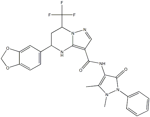 5-(1,3-benzodioxol-5-yl)-N-(1,5-dimethyl-3-oxo-2-phenyl-2,3-dihydro-1H-pyrazol-4-yl)-7-(trifluoromethyl)-4,5,6,7-tetrahydropyrazolo[1,5-a]pyrimidine-3-carboxamide Struktur