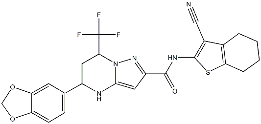 5-(1,3-benzodioxol-5-yl)-N-(3-cyano-4,5,6,7-tetrahydro-1-benzothien-2-yl)-7-(trifluoromethyl)-4,5,6,7-tetrahydropyrazolo[1,5-a]pyrimidine-2-carboxamide Structure