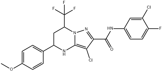 3-chloro-N-(3-chloro-4-fluorophenyl)-5-(4-methoxyphenyl)-7-(trifluoromethyl)-4,5,6,7-tetrahydropyrazolo[1,5-a]pyrimidine-2-carboxamide 化学構造式