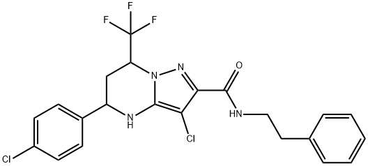 3-chloro-5-(4-chlorophenyl)-N-(2-phenylethyl)-7-(trifluoromethyl)-4,5,6,7-tetrahydropyrazolo[1,5-a]pyrimidine-2-carboxamide 结构式