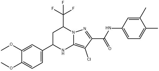 3-chloro-5-(3,4-dimethoxyphenyl)-N-(3,4-dimethylphenyl)-7-(trifluoromethyl)-4,5,6,7-tetrahydropyrazolo[1,5-a]pyrimidine-2-carboxamide 化学構造式