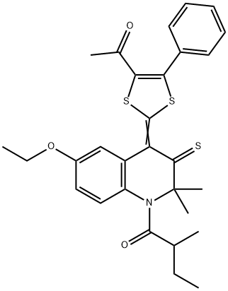 1-[2-(6-ethoxy-2,2-dimethyl-1-(2-methylbutanoyl)-3-thioxo-2,3-dihydro-4(1H)-quinolinylidene)-5-phenyl-1,3-dithiol-4-yl]ethanone Struktur