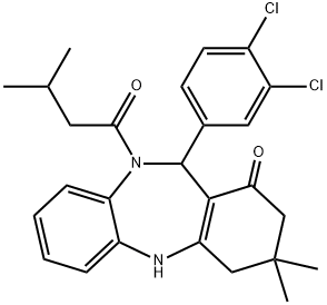 11-(3,4-dichlorophenyl)-3,3-dimethyl-10-(3-methylbutanoyl)-2,3,4,5,10,11-hexahydro-1H-dibenzo[b,e][1,4]diazepin-1-one Struktur