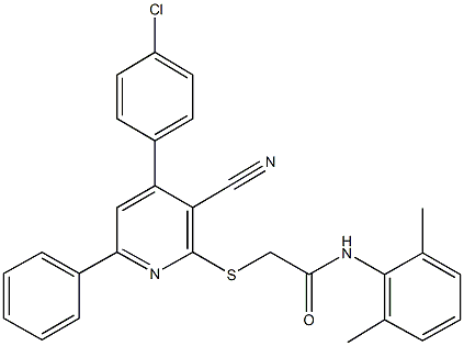 2-{[4-(4-chlorophenyl)-3-cyano-6-phenyl-2-pyridinyl]sulfanyl}-N-(2,6-dimethylphenyl)acetamide 化学構造式