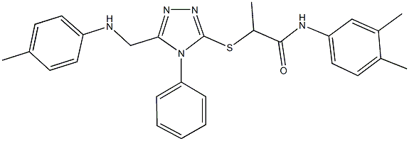 N-(3,4-dimethylphenyl)-2-{[4-phenyl-5-(4-toluidinomethyl)-4H-1,2,4-triazol-3-yl]sulfanyl}propanamide 化学構造式