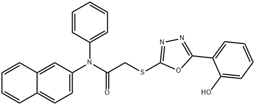2-{[5-(2-hydroxyphenyl)-1,3,4-oxadiazol-2-yl]sulfanyl}-N-(2-naphthyl)-N-phenylacetamide 化学構造式