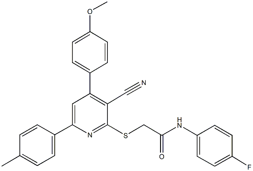 2-{[3-cyano-4-(4-methoxyphenyl)-6-(4-methylphenyl)-2-pyridinyl]sulfanyl}-N-(4-fluorophenyl)acetamide Structure