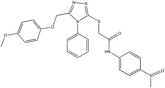 N-(4-acetylphenyl)-2-({5-[(4-methoxyphenoxy)methyl]-4-phenyl-4H-1,2,4-triazol-3-yl}sulfanyl)acetamide 化学構造式
