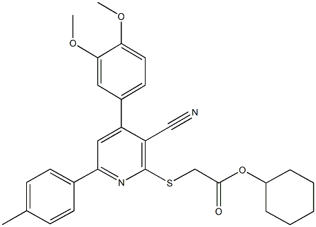 cyclohexyl {[3-cyano-4-(3,4-dimethoxyphenyl)-6-(4-methylphenyl)-2-pyridinyl]sulfanyl}acetate 化学構造式