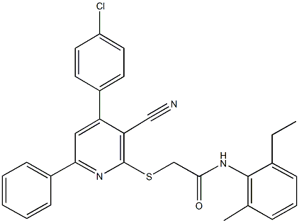 2-{[4-(4-chlorophenyl)-3-cyano-6-phenyl-2-pyridinyl]sulfanyl}-N-(2-ethyl-6-methylphenyl)acetamide 结构式