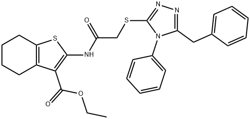 ethyl 2-({[(5-benzyl-4-phenyl-4H-1,2,4-triazol-3-yl)sulfanyl]acetyl}amino)-4,5,6,7-tetrahydro-1-benzothiophene-3-carboxylate 化学構造式