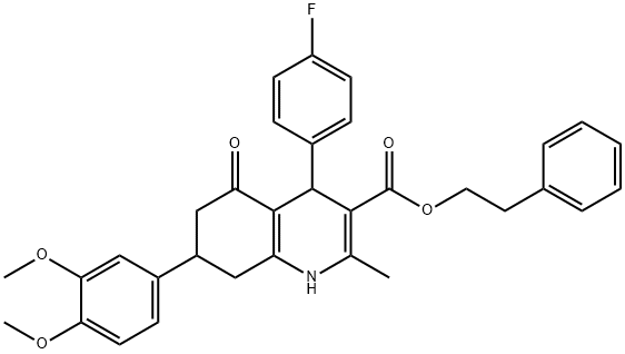 2-phenylethyl 7-(3,4-dimethoxyphenyl)-4-(4-fluorophenyl)-2-methyl-5-oxo-1,4,5,6,7,8-hexahydro-3-quinolinecarboxylate Struktur