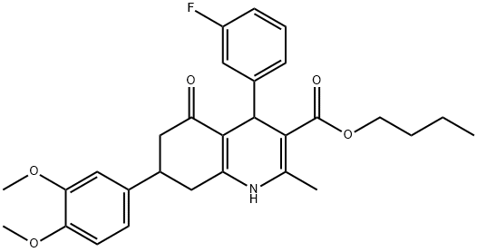 butyl 7-(3,4-dimethoxyphenyl)-4-(3-fluorophenyl)-2-methyl-5-oxo-1,4,5,6,7,8-hexahydro-3-quinolinecarboxylate 化学構造式