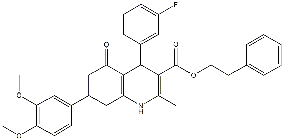 2-phenylethyl 7-(3,4-dimethoxyphenyl)-4-(3-fluorophenyl)-2-methyl-5-oxo-1,4,5,6,7,8-hexahydro-3-quinolinecarboxylate 结构式