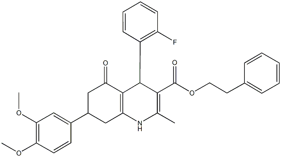2-phenylethyl 7-(3,4-dimethoxyphenyl)-4-(2-fluorophenyl)-2-methyl-5-oxo-1,4,5,6,7,8-hexahydro-3-quinolinecarboxylate Struktur