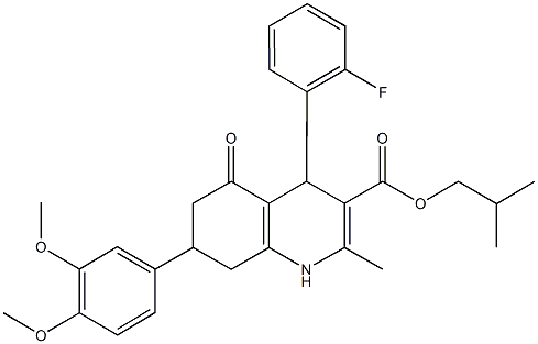 isobutyl 7-(3,4-dimethoxyphenyl)-4-(2-fluorophenyl)-2-methyl-5-oxo-1,4,5,6,7,8-hexahydro-3-quinolinecarboxylate 化学構造式