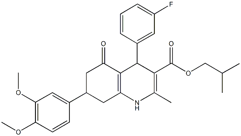 isobutyl 7-(3,4-dimethoxyphenyl)-4-(3-fluorophenyl)-2-methyl-5-oxo-1,4,5,6,7,8-hexahydro-3-quinolinecarboxylate 化学構造式