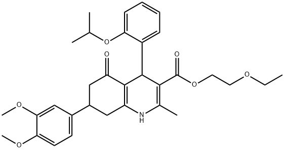 2-ethoxyethyl 7-(3,4-dimethoxyphenyl)-4-(2-isopropoxyphenyl)-2-methyl-5-oxo-1,4,5,6,7,8-hexahydro-3-quinolinecarboxylate Struktur