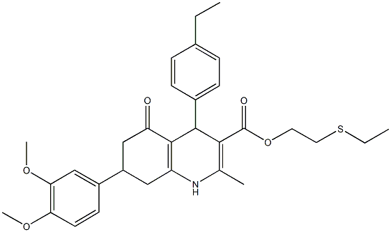 2-(ethylsulfanyl)ethyl 7-(3,4-dimethoxyphenyl)-4-(4-ethylphenyl)-2-methyl-5-oxo-1,4,5,6,7,8-hexahydro-3-quinolinecarboxylate 结构式