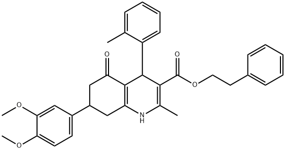 2-phenylethyl 7-(3,4-dimethoxyphenyl)-2-methyl-4-(2-methylphenyl)-5-oxo-1,4,5,6,7,8-hexahydro-3-quinolinecarboxylate 化学構造式