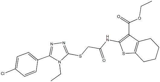 ethyl 2-[({[5-(4-chlorophenyl)-4-ethyl-4H-1,2,4-triazol-3-yl]sulfanyl}acetyl)amino]-4,5,6,7-tetrahydro-1-benzothiophene-3-carboxylate,332934-77-7,结构式